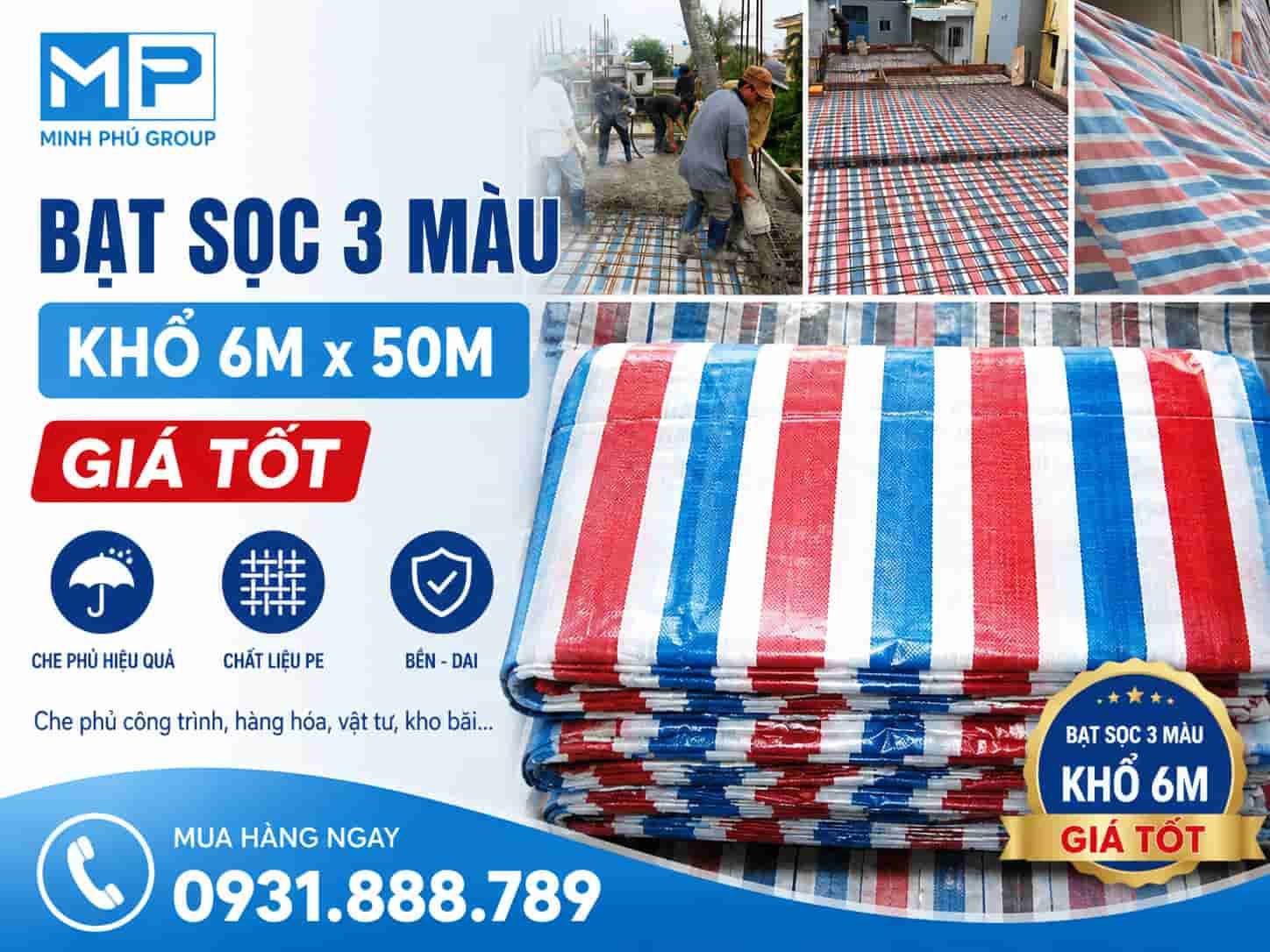 Bạt Sọc Khổ 6m x 50m – Bạt Sọc 3 Màu Che Phủ Công Trình