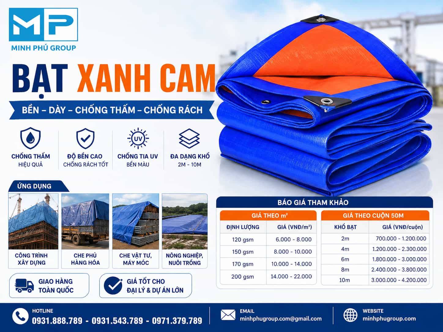 Giá Bạt Xanh Cam Mới Nhất 2026 | Báo Giá Khổ 4m, 6m, 8m, 10m