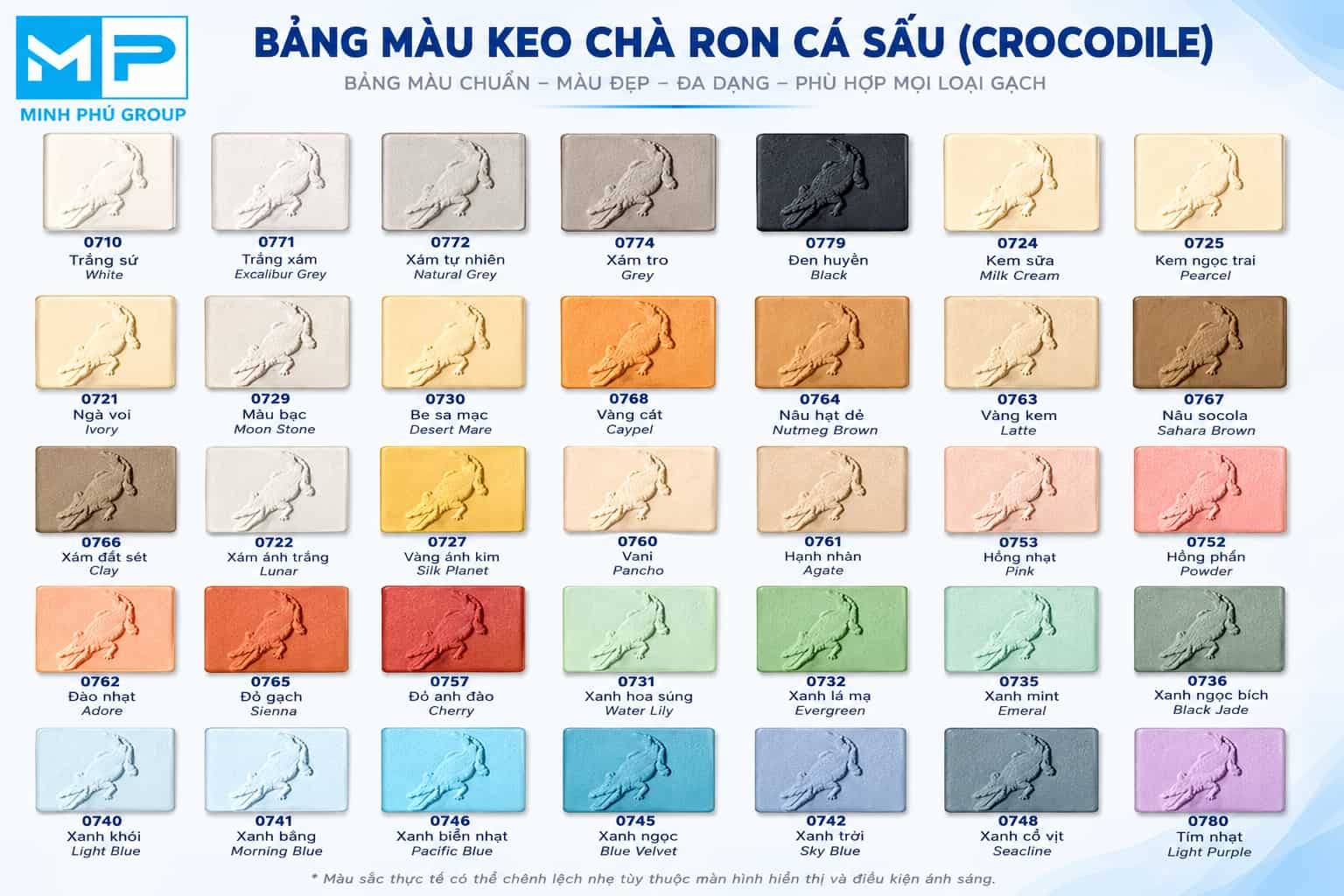 Bảng màu keo chà ron mới nhất | Tổng hợp Grano, 7N7, Saveto, KGT, Weber…